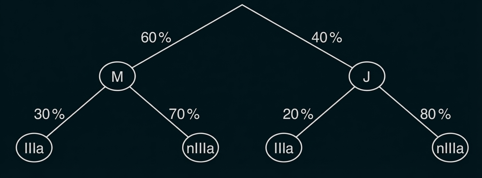 Wahrscheinlichkeitsbaum: 60% zu M (30%→IIIa, 70%→nIIIa), 40% zu J (20%→IIIa, 80%→nIIIa)